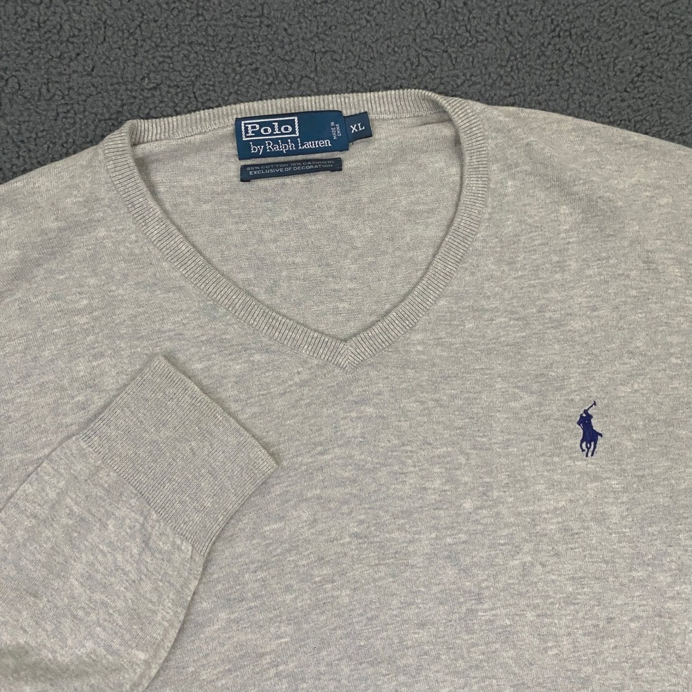 Polo Ralph Lauren Sweater Mens XL Grey Cotton Cashmere V-Neck Classic Pony